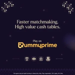 Rummy Prime app interface showing an online rummy game in progress.